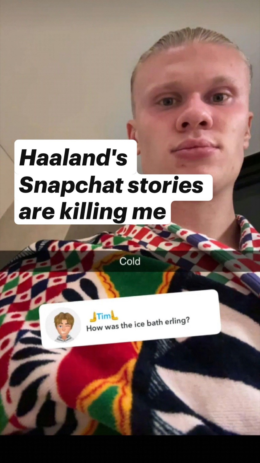 Haaland deadpan selfie in a patterned robe replying 'Cold' to a fan asking how the ice bath was
