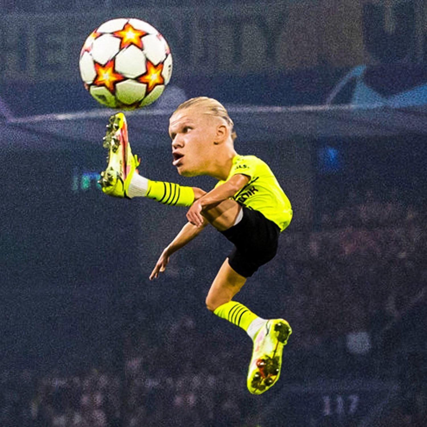 Soccer player suspended mid-air controlling a Champions League ball under a stadium's lights