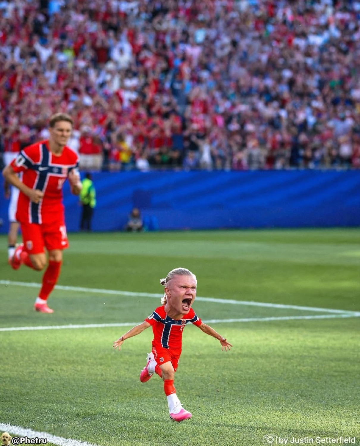 Tiny big-headed Haaland sprinting and screaming on the pitch in full Norway kit, pure chaos energy