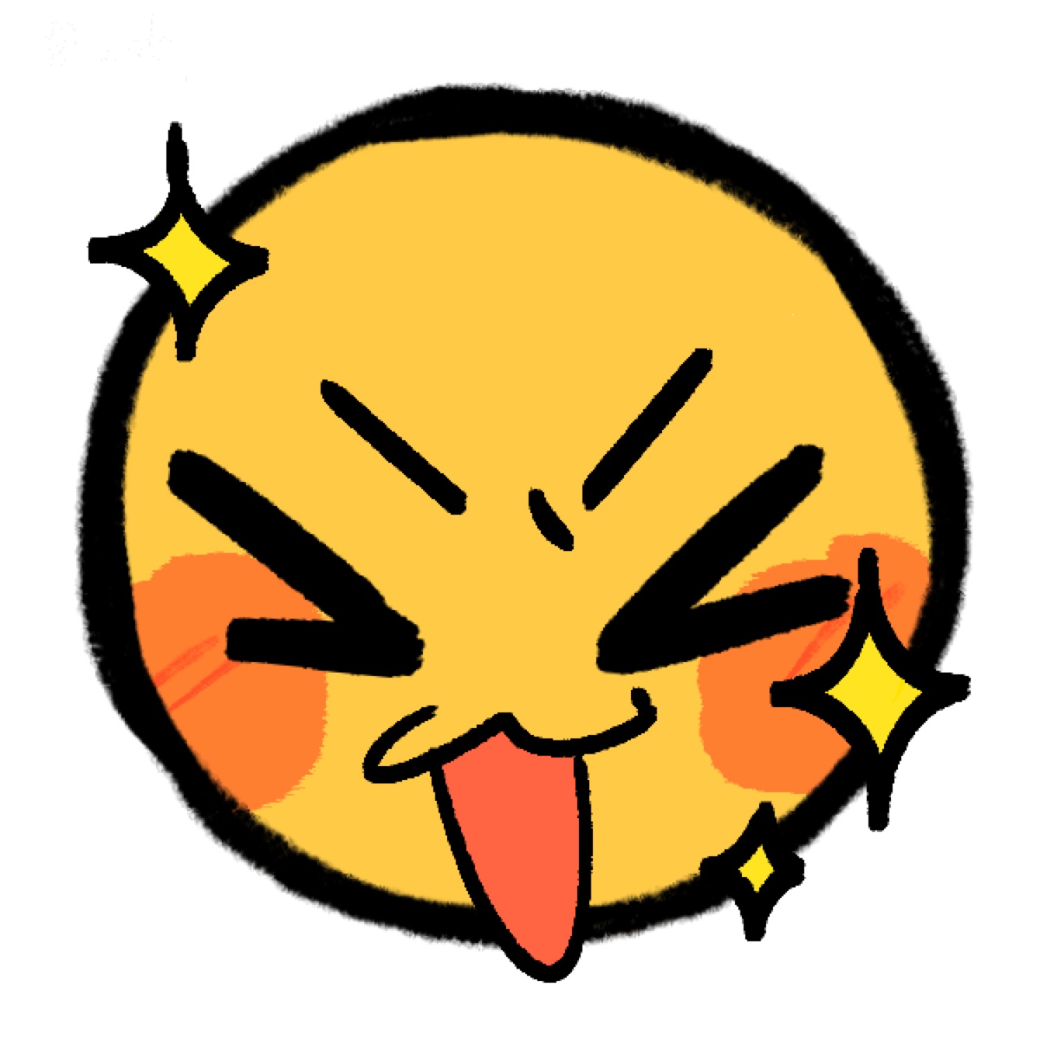 Yellow doodle emoji with scrunched eyes, blush and tongue out, sparkling