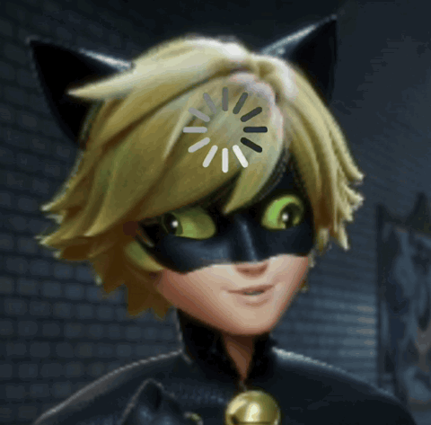 Cat Noir from Miraculous staring blankly with a loading spinner on his head