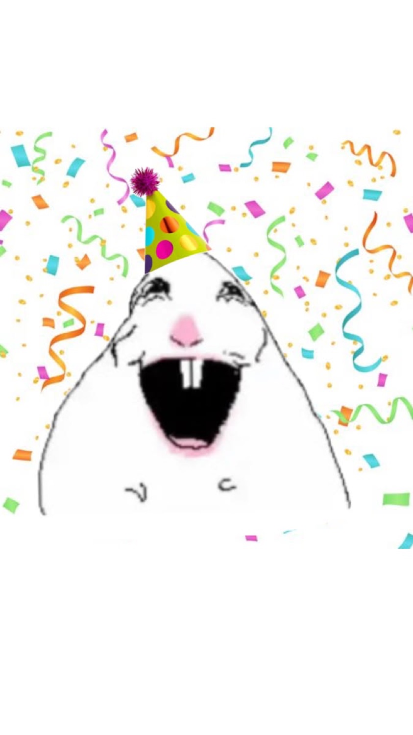 Blob in a party hat screaming with joy in a shower of confetti
