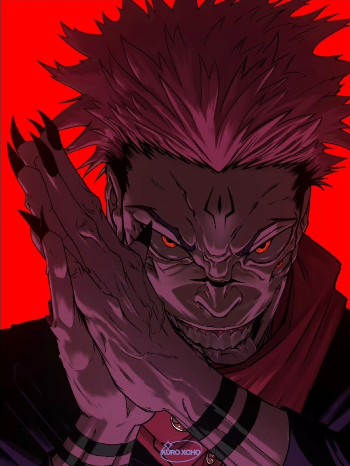 Dark anime villain with glowing red eyes and sharp teeth grinning menacingly