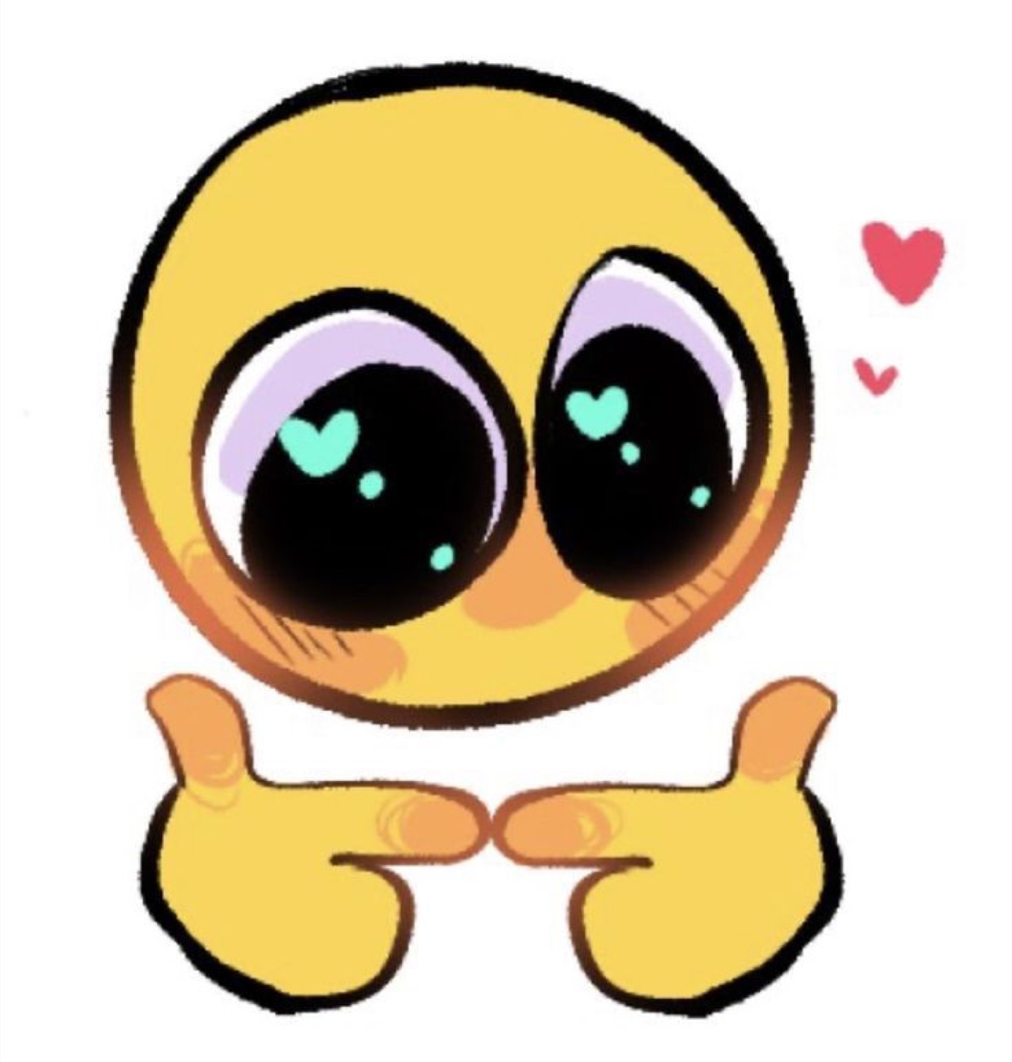 Cute yellow emoji face with giant sparkly eyes and index fingers touching shyly, with pink hearts floating nearby