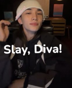Young man in a white beanie with a calm expression, text 'Slay, Diva!'