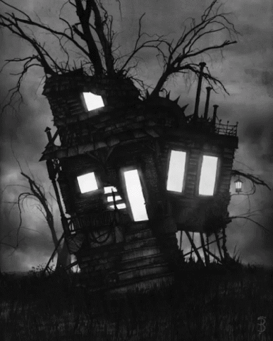 Spooky haunted house with a twisted tree, flickering lights