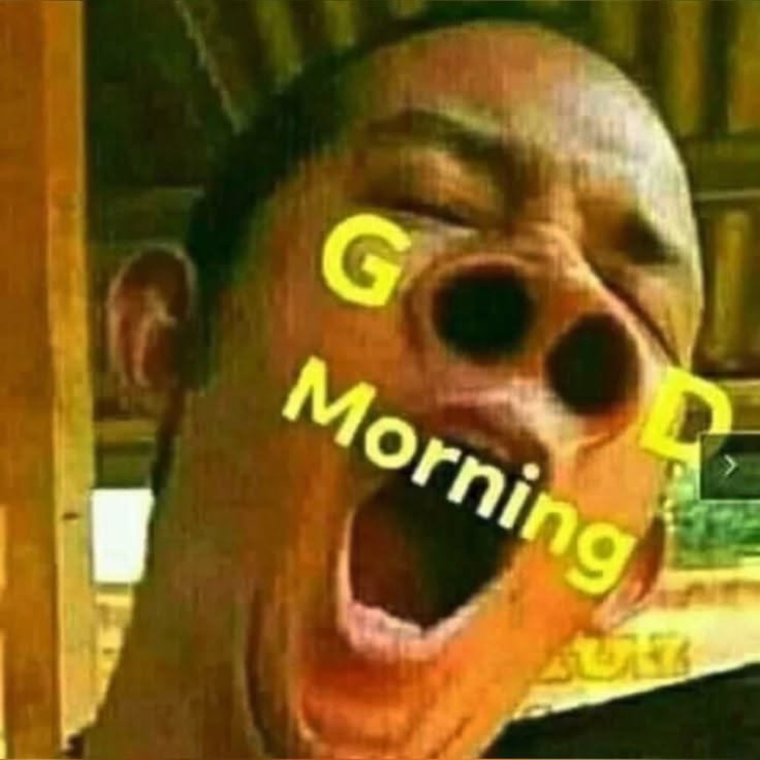 Man yawning hugely with the O's in his mouth: 'Good Morning'