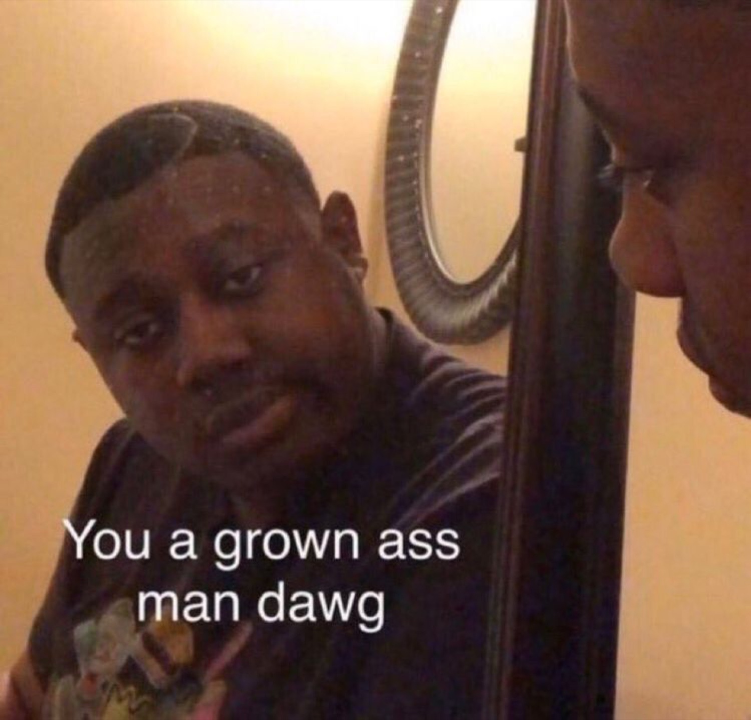 Man staring flatly into a mirror captioned 'You a grown ass man dawg'