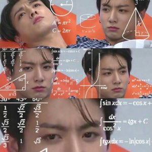 K-pop boys surrounded by floating math formulas and calculus equations, looking utterly lost