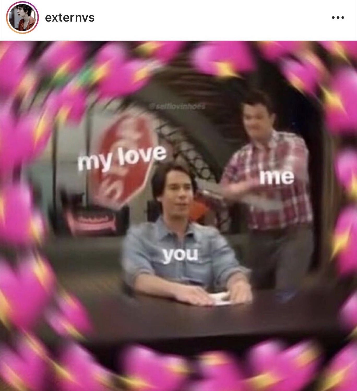 Two guys labeled 'me' and 'you' while a stop sign gets labeled 'my love' — relatable
