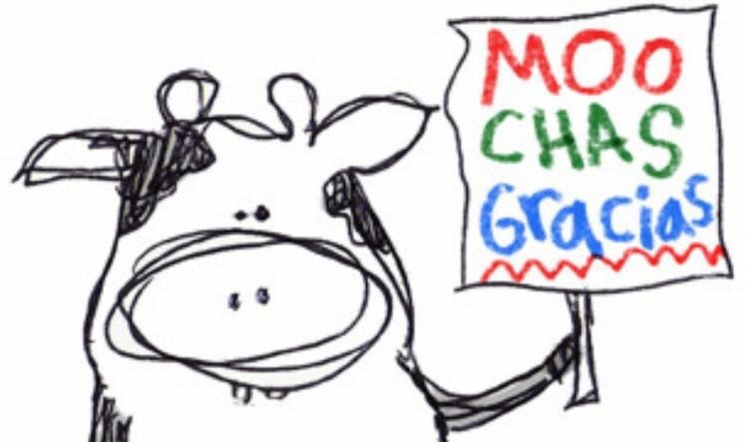Cow doodle holding a sign: 'MOO CHAS Gracias'