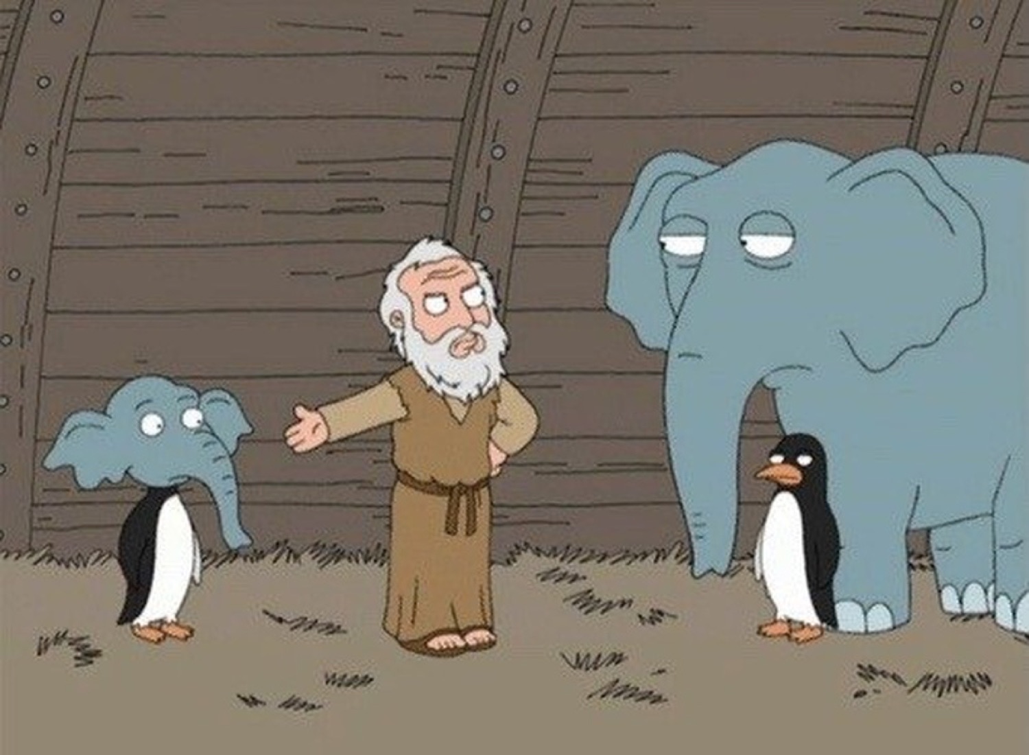 Family Guy Noah gesturing helplessly at a mismatched elephant-penguin pair with dead eyes