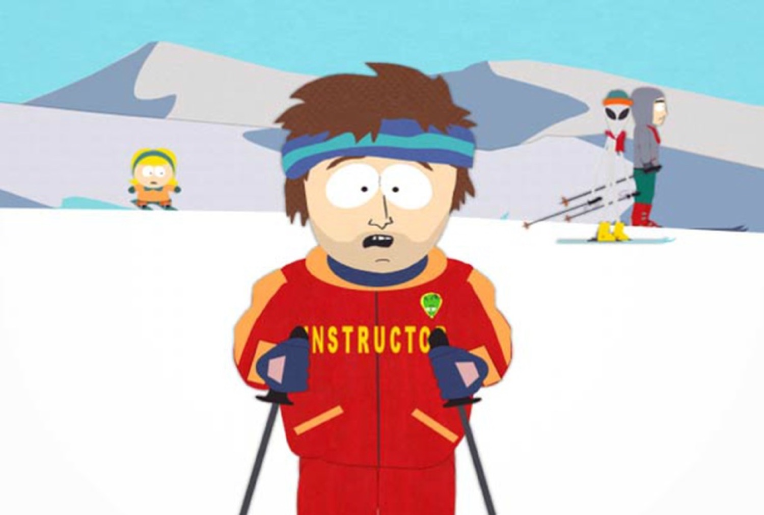 South Park ski instructor looking wide-eyed and terrified on the slopes