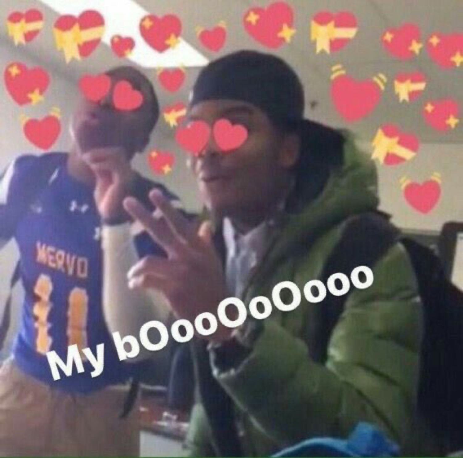 Two teens covered in heart emojis with text 'My bOooOoOoooo' showing off their person