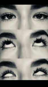 Black-and-white triptych of a woman's eyes rolling all the way up and to the side