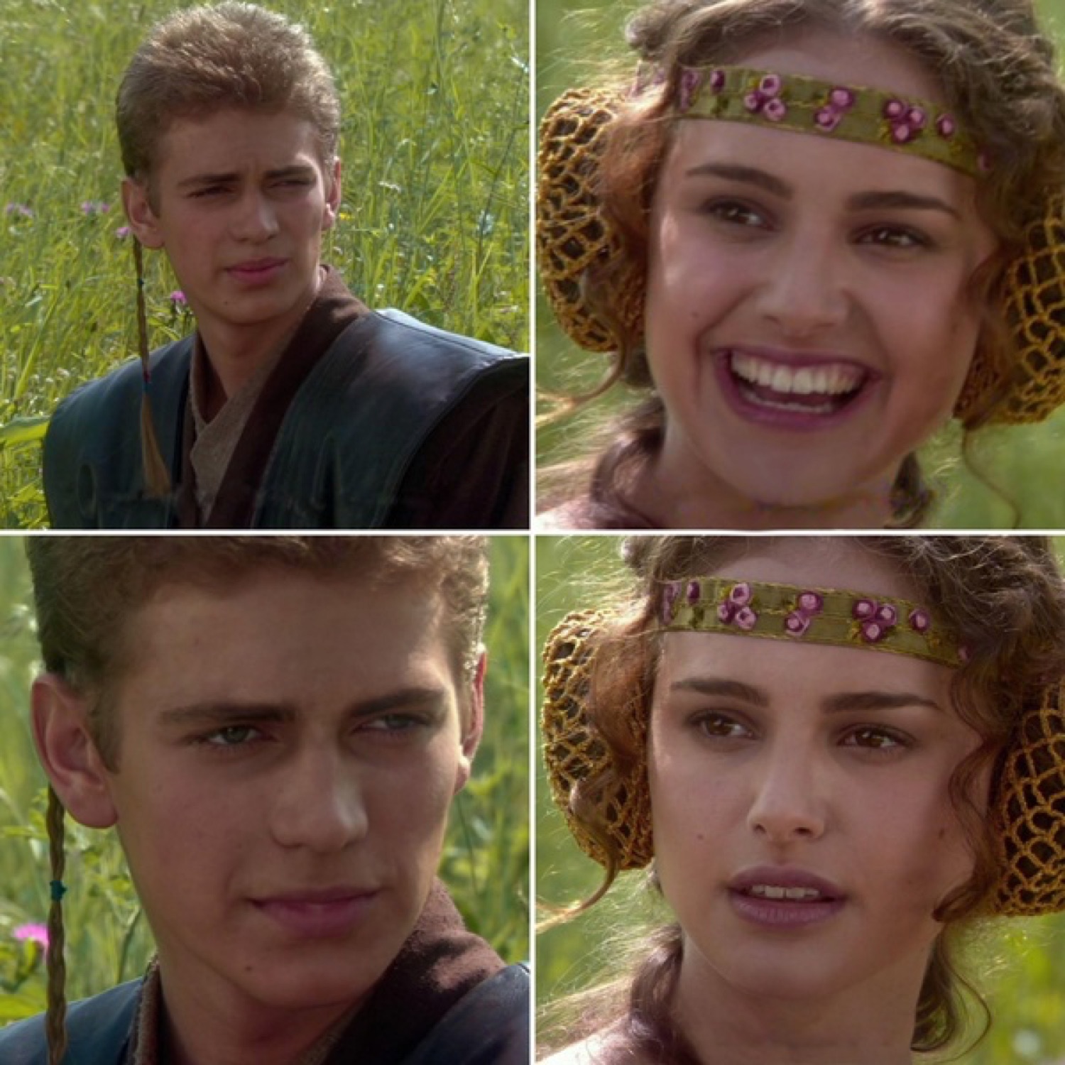 Anakin giving an awkward smirk while Padme smiles brightly at him in a meadow