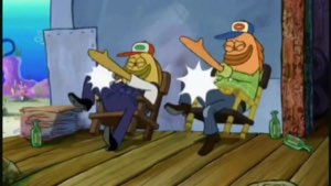 Two SpongeBob redneck characters laughing and pointing at each other