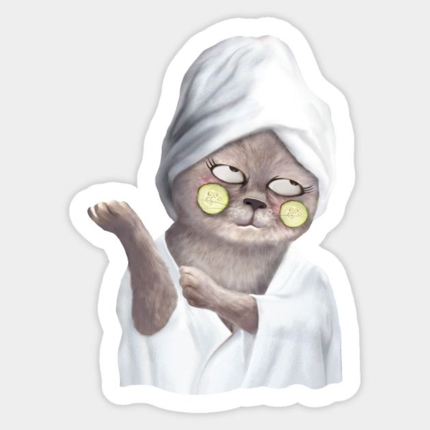 Illustrated cat in a robe and towel with cucumber slices on its eyes, feeling fabulous