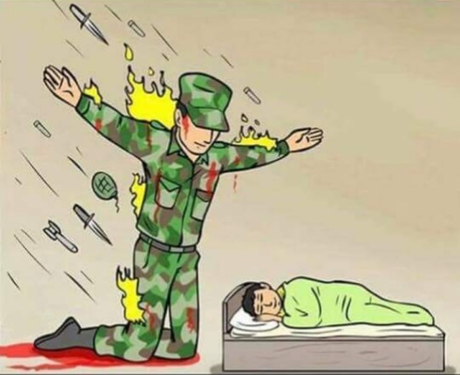 Cartoon of a soldier kneeling and shielding a sleeping person from a barrage of weapons