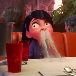 Animated girl doing a wide-eyed water spit-take at a restaurant table