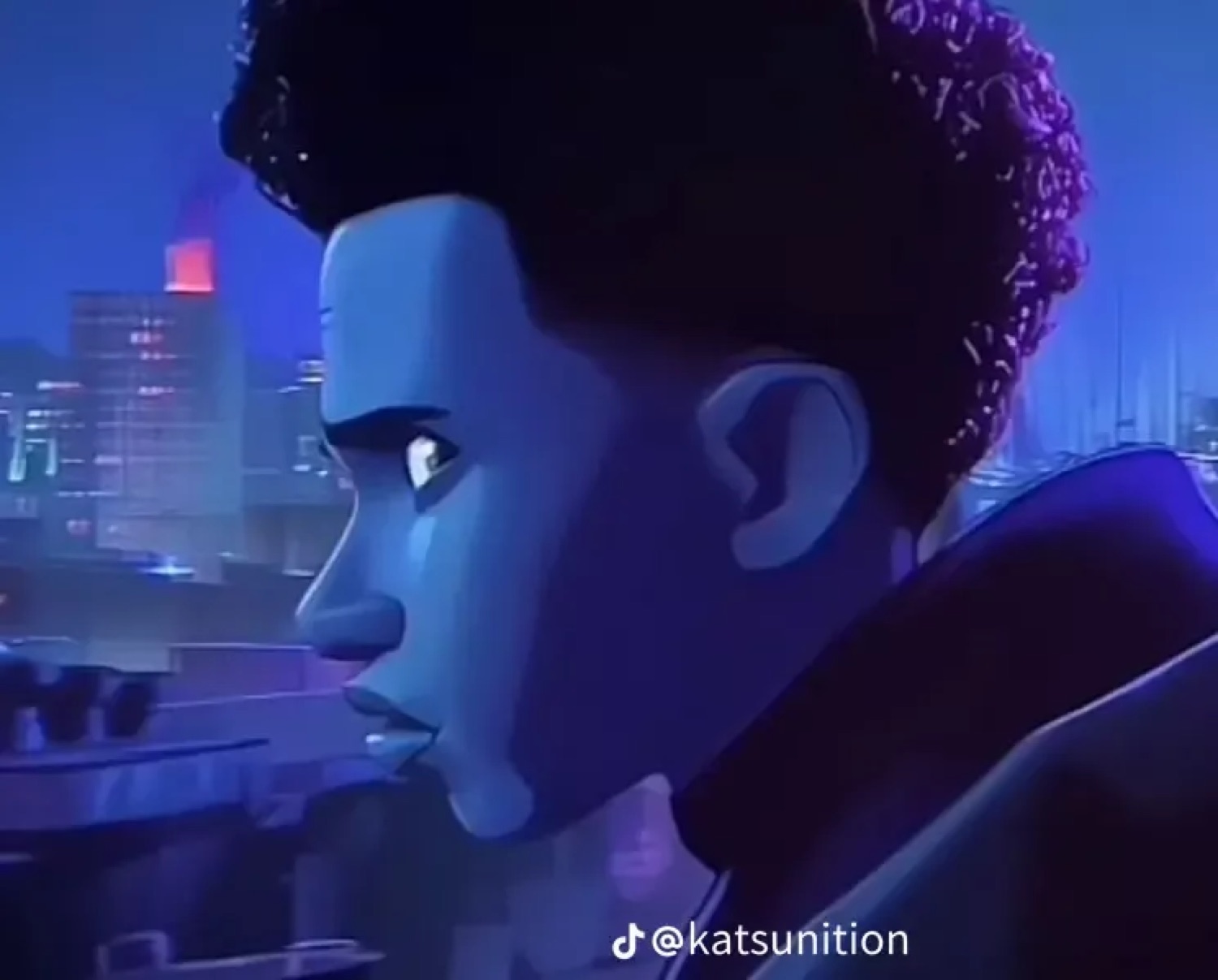Animated Miles Morales gazing away into the night cityscape with quiet sadness