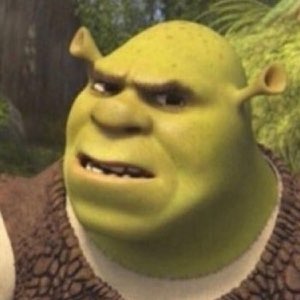 Shrek up close with a scowling side-eye that says he's not impressed at all