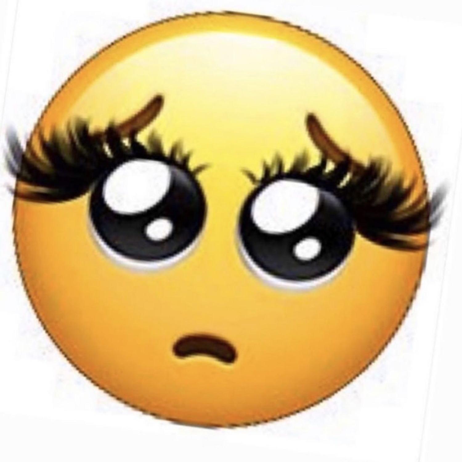 Yellow emoji with big pleading eyes, dramatic lashes, and a trembling lip