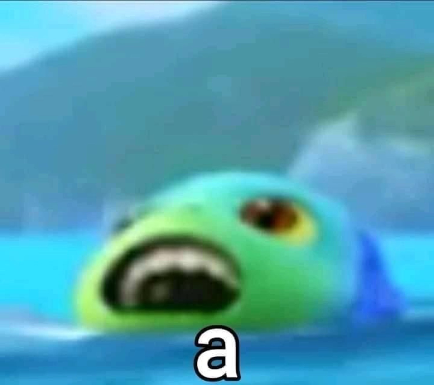 Pixar fish character peering over the water's edge with a horrified, teeth-bared grimace and just 'a'