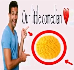 Excited man enthusiastically pointing at a pile of yellow pasta circled in red as 'Our little comedian'