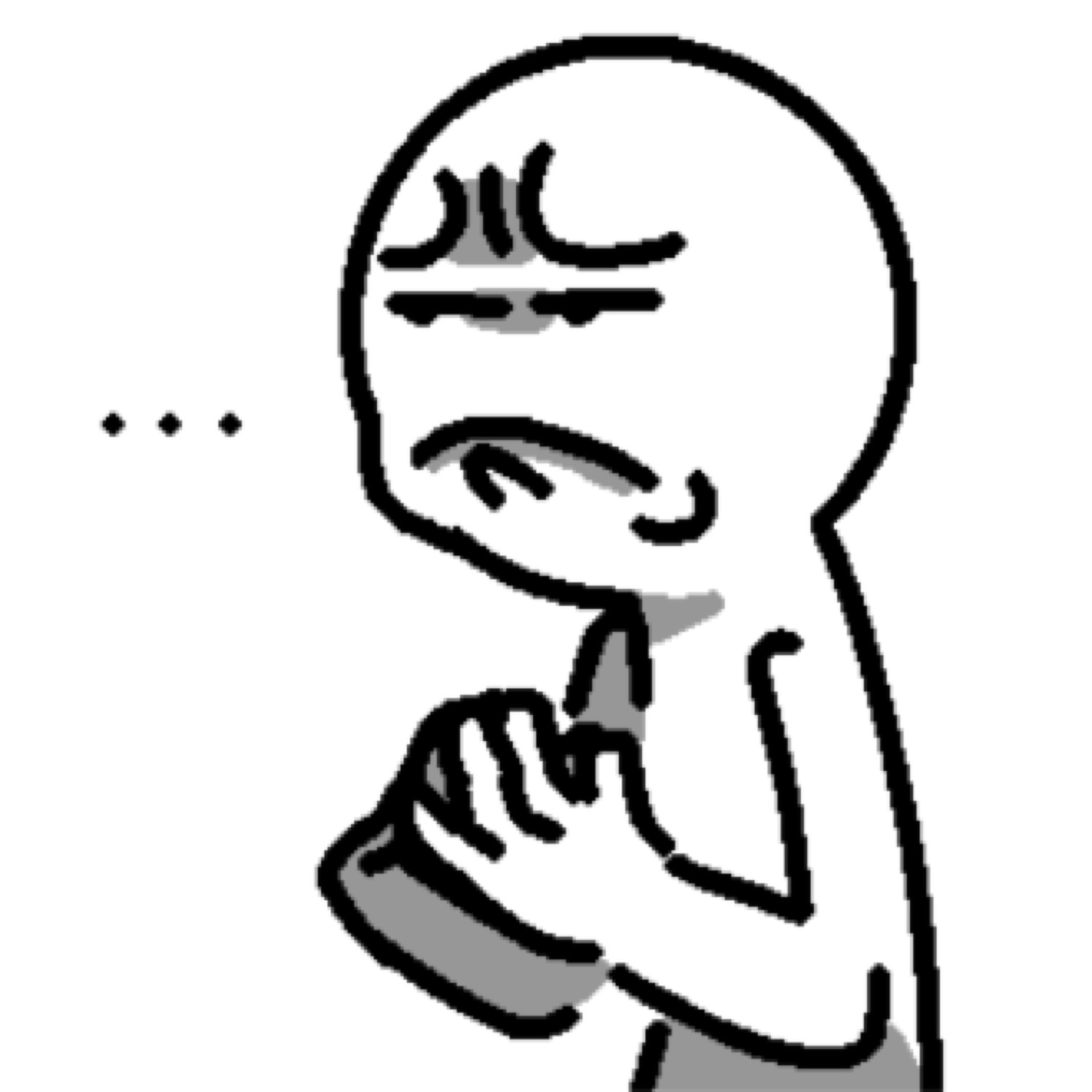 Minimalist stick-figure character stroking chin with a furrowed brow, deep in suspicious thought
