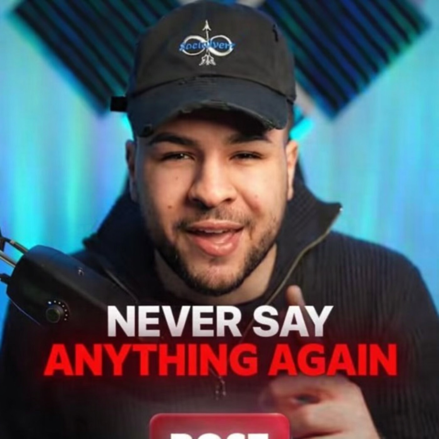 Podcast guy at a mic pointing while captioned 'NEVER SAY ANYTHING AGAIN'