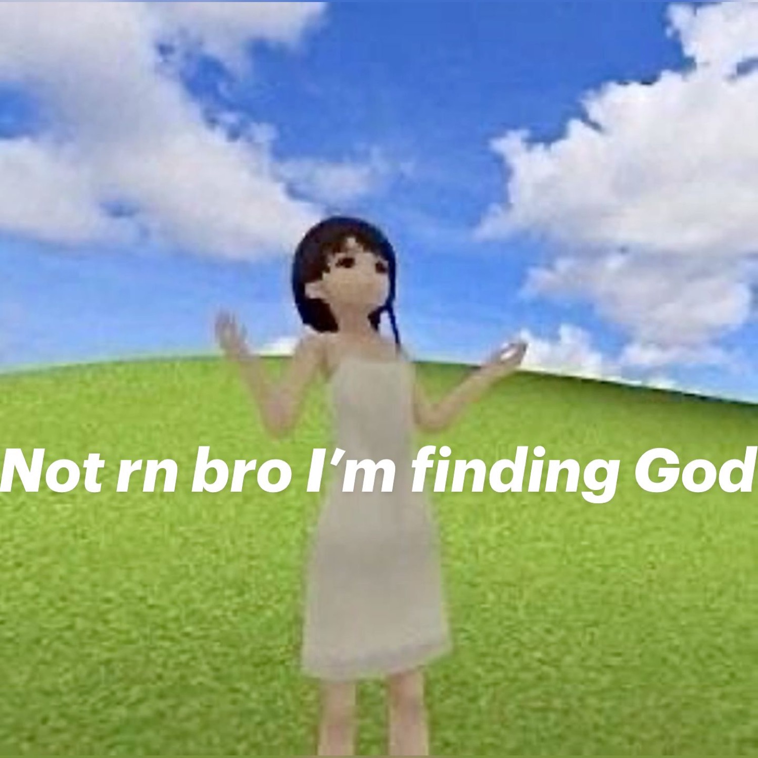 Girl in a meadow shrugging: 'Not rn bro I'm finding God'