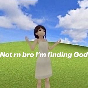 Girl in a meadow shrugging: 'Not rn bro I'm finding God'