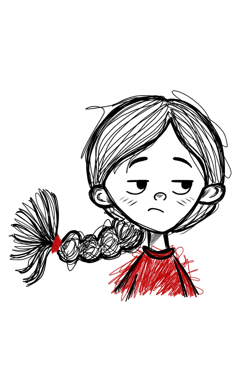 Sketchy doodle of a girl with a braid looking flat and unamused