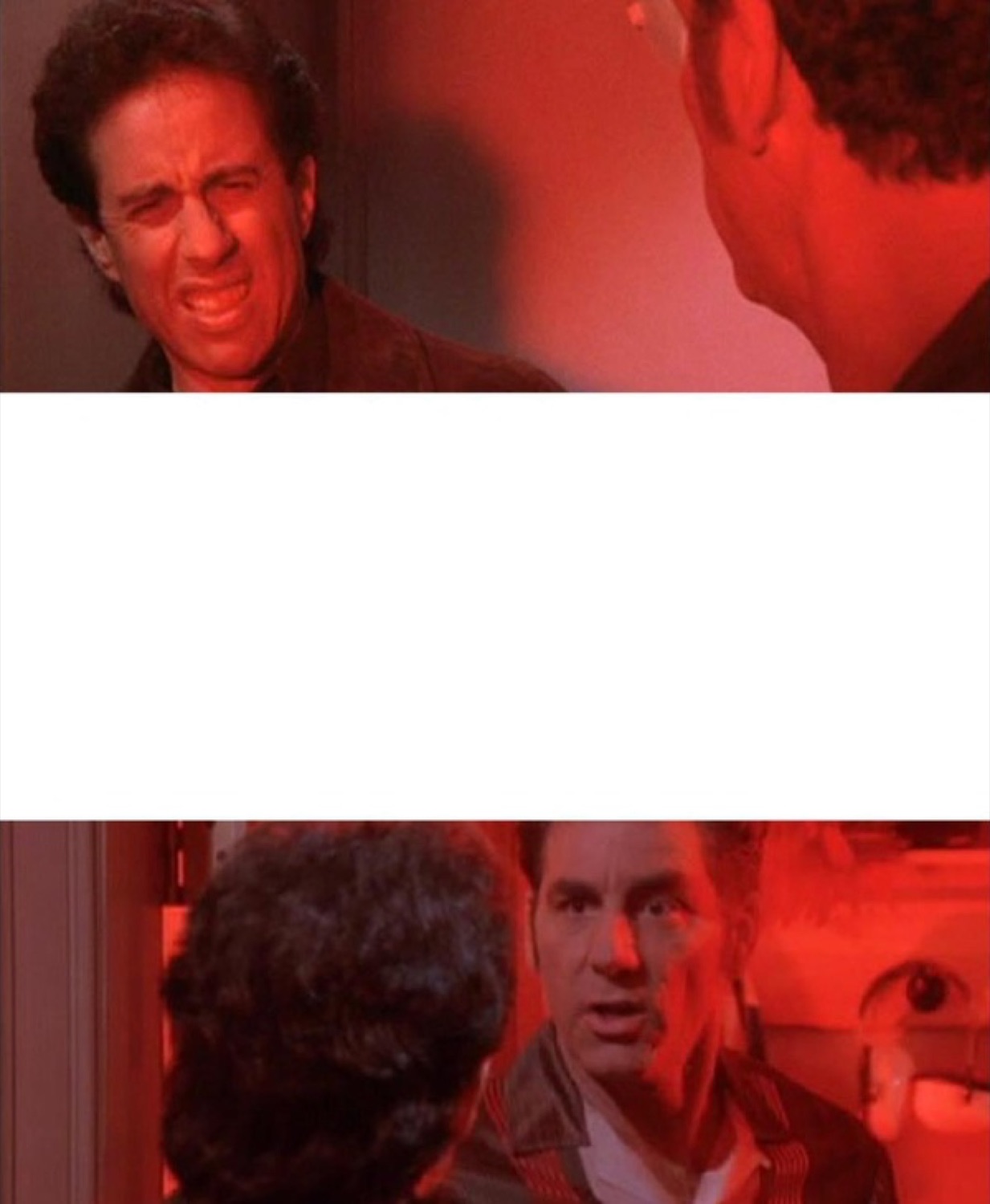 Seinfeld two-panel with Jerry grimacing in disgust and Kramer looking shocked, blank caption space