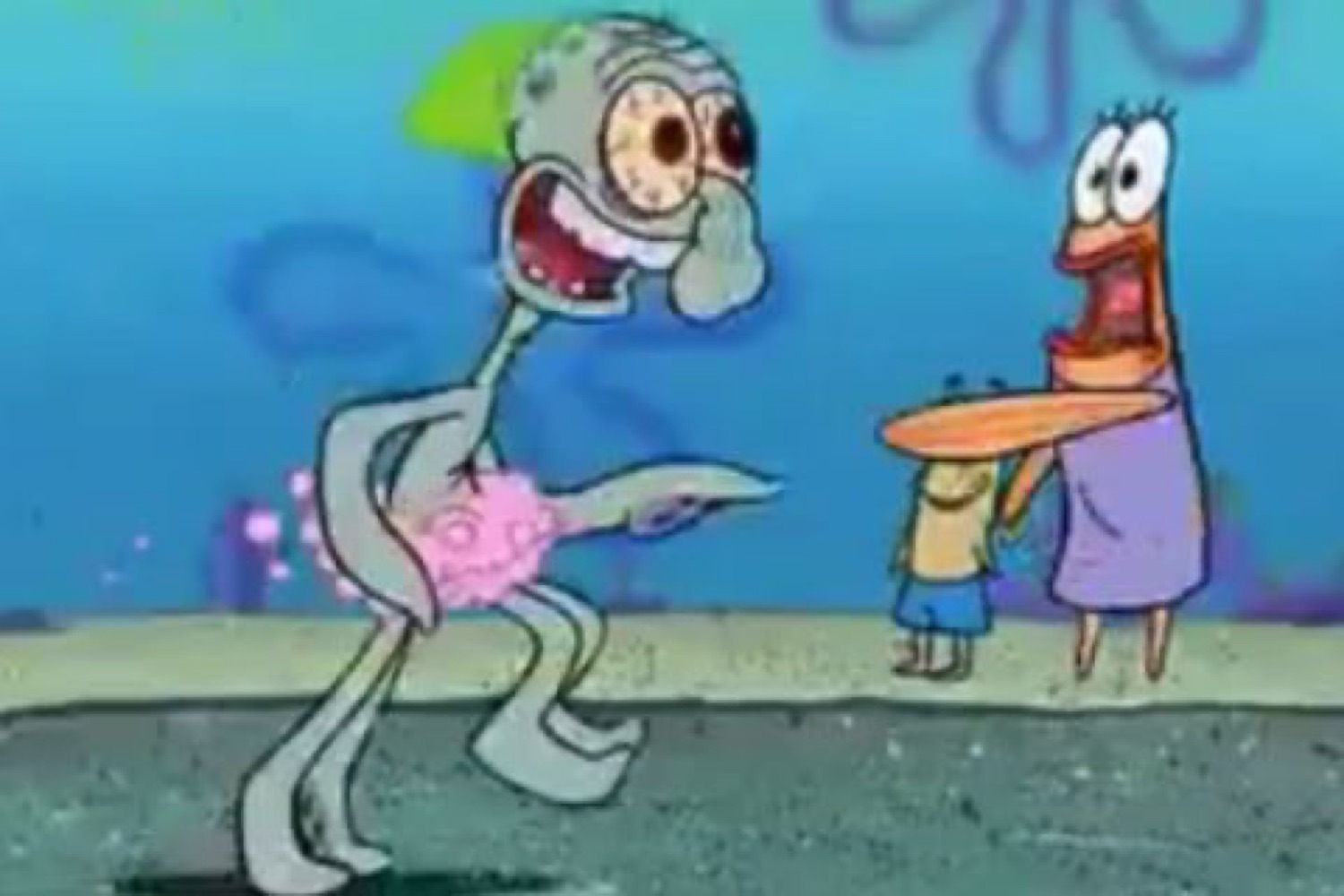 Squidward dancing wildly in the street while Patrick stares in stunned confusion