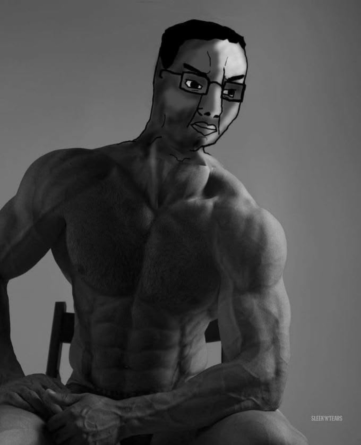 Glasses-wearing Wojak face on a shirtless Gigachad body