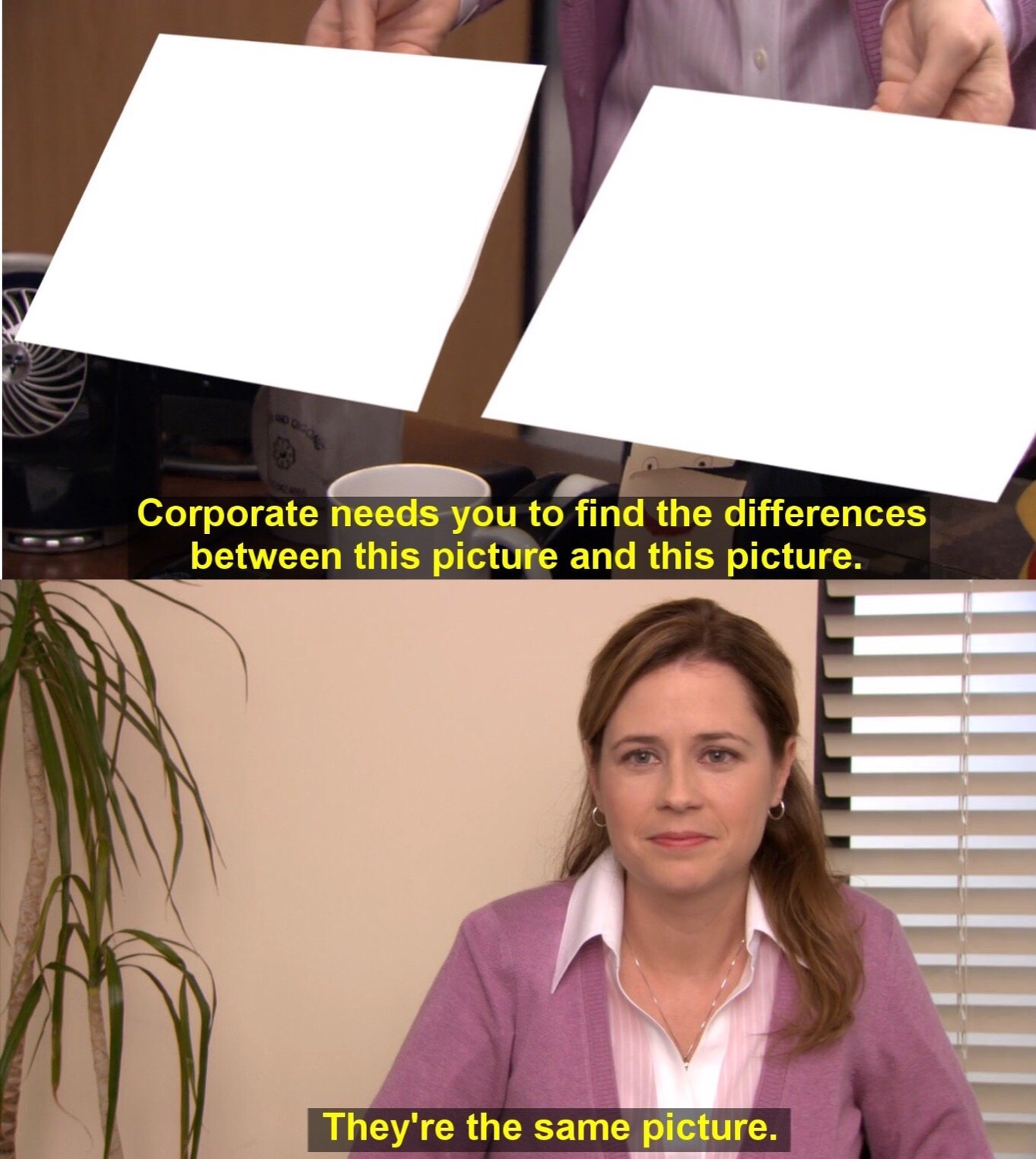 The Office 'they're the same picture' meme with two blank pages held up