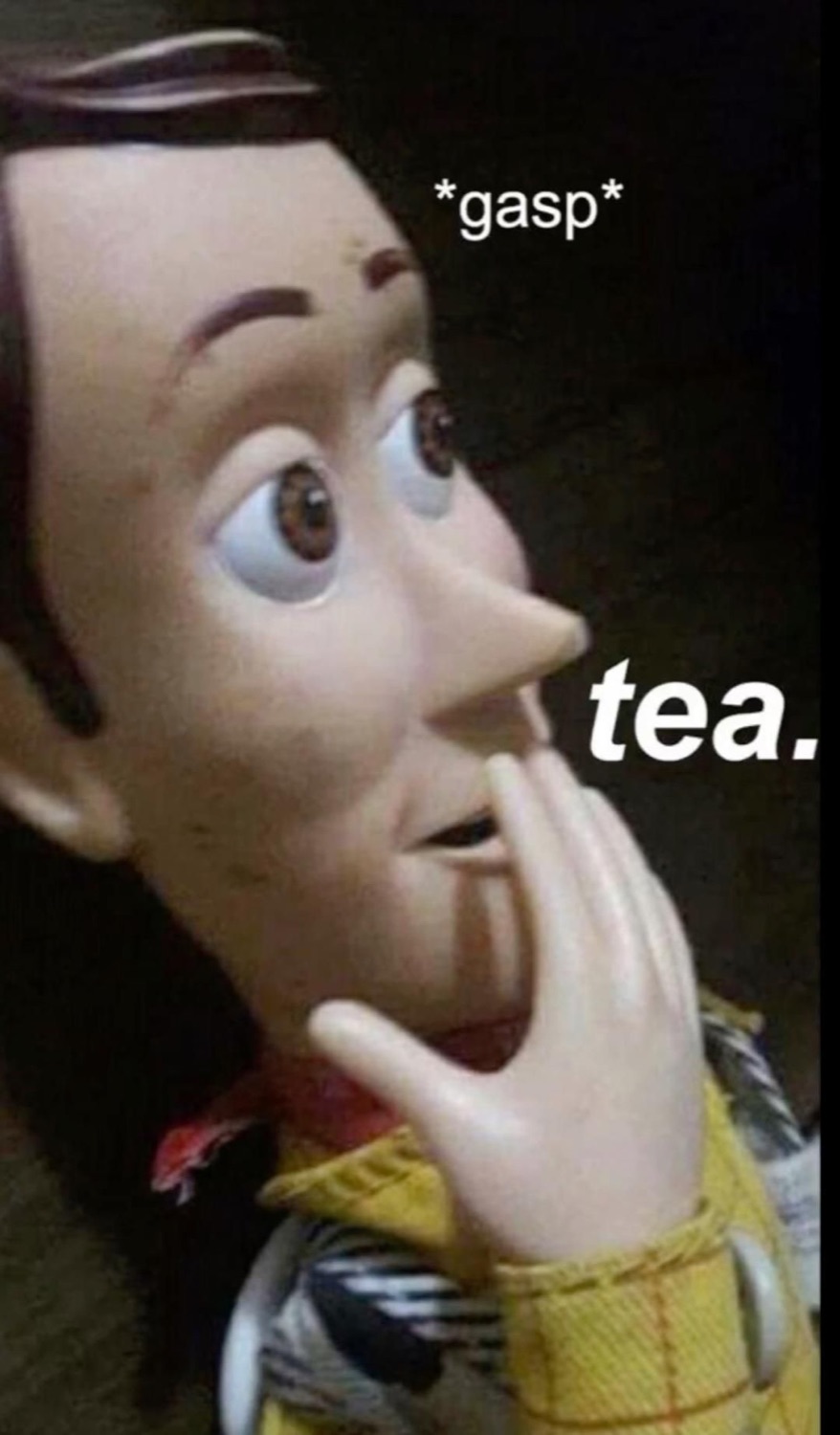 Woody doll hand to mouth in shock captioned '*gasp* tea.'