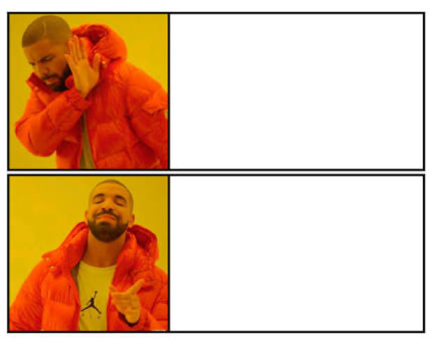 Drakeposting template, him rejecting the top box then approvingly pointing at the bottom