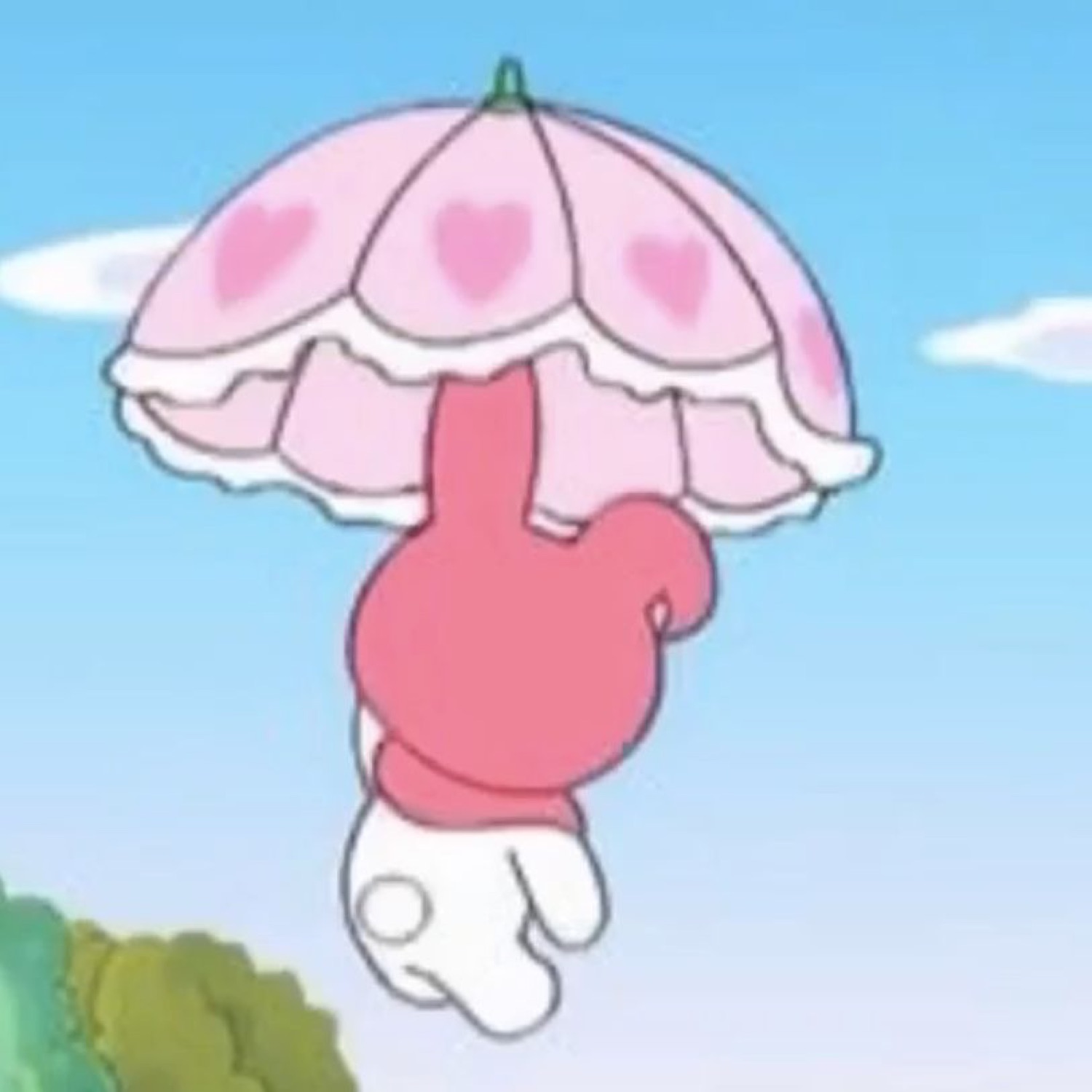 Pink cartoon bunny drifting down under a heart-patterned parasol against a blue sky