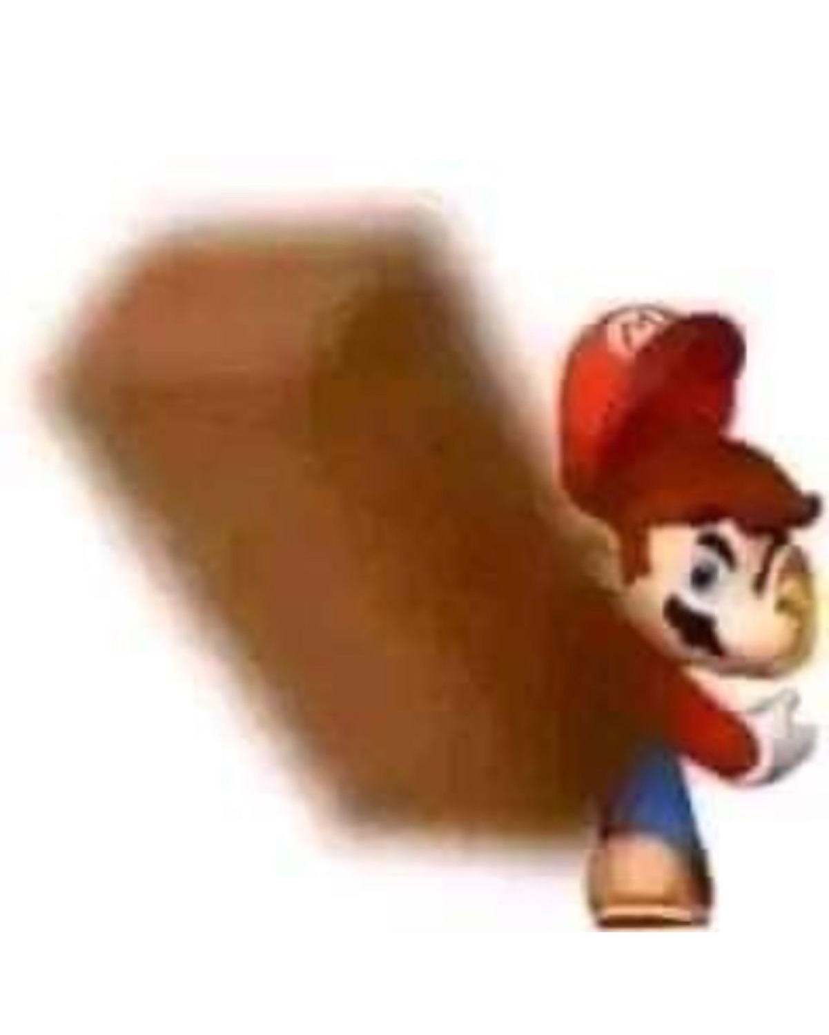 Blurry low-quality Mario peeking around a giant brown blob with a smug little grin