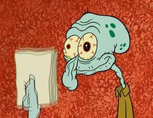 Squidward with bloodshot bulging eyes staring in bug-eyed horror