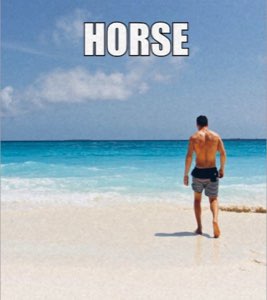 Muscular guy walking alone on a pristine beach with 'HORSE' stamped above him