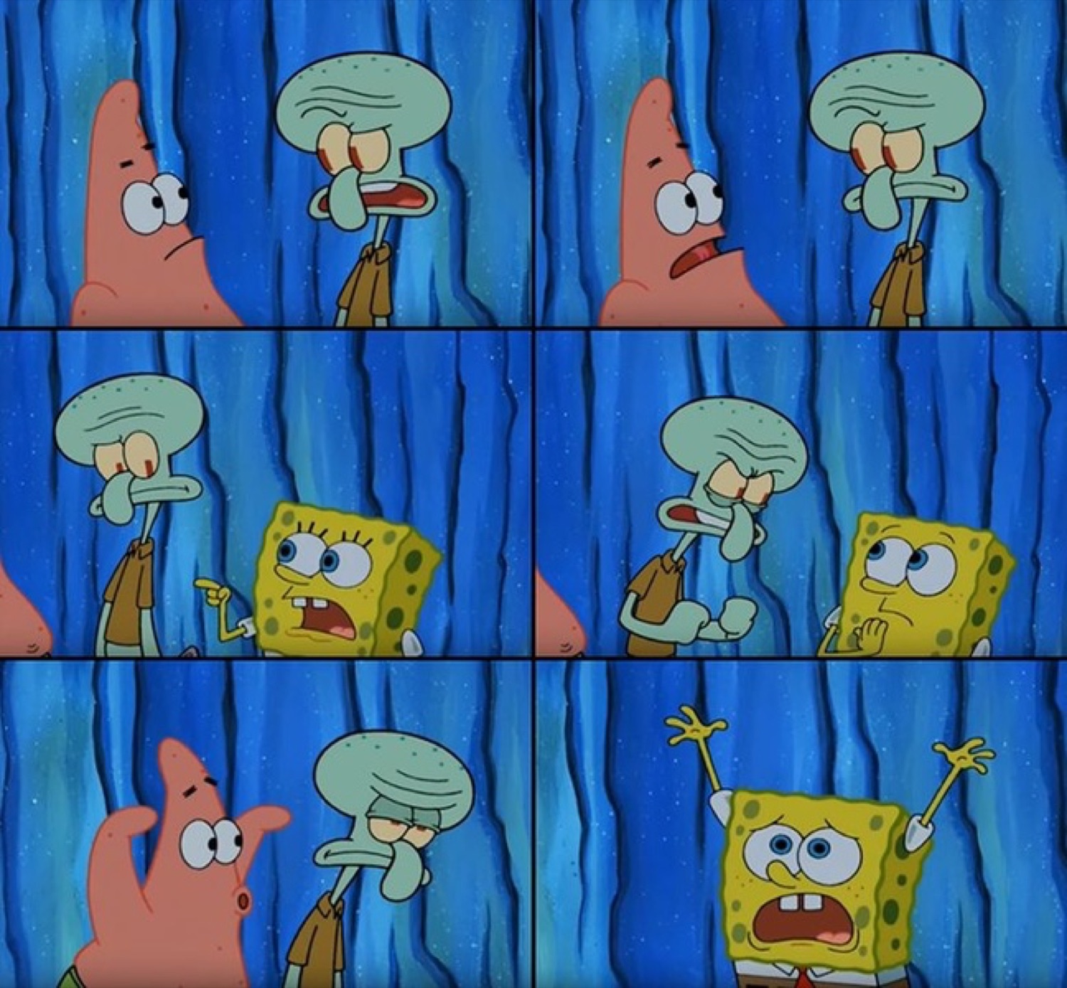 SpongeBob, Patrick, and Squidward in a six-panel showdown of escalating chaos