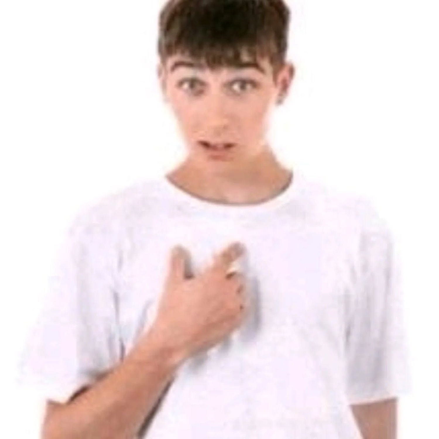 Teen in a white shirt looking flustered and awkward, hand on his chest