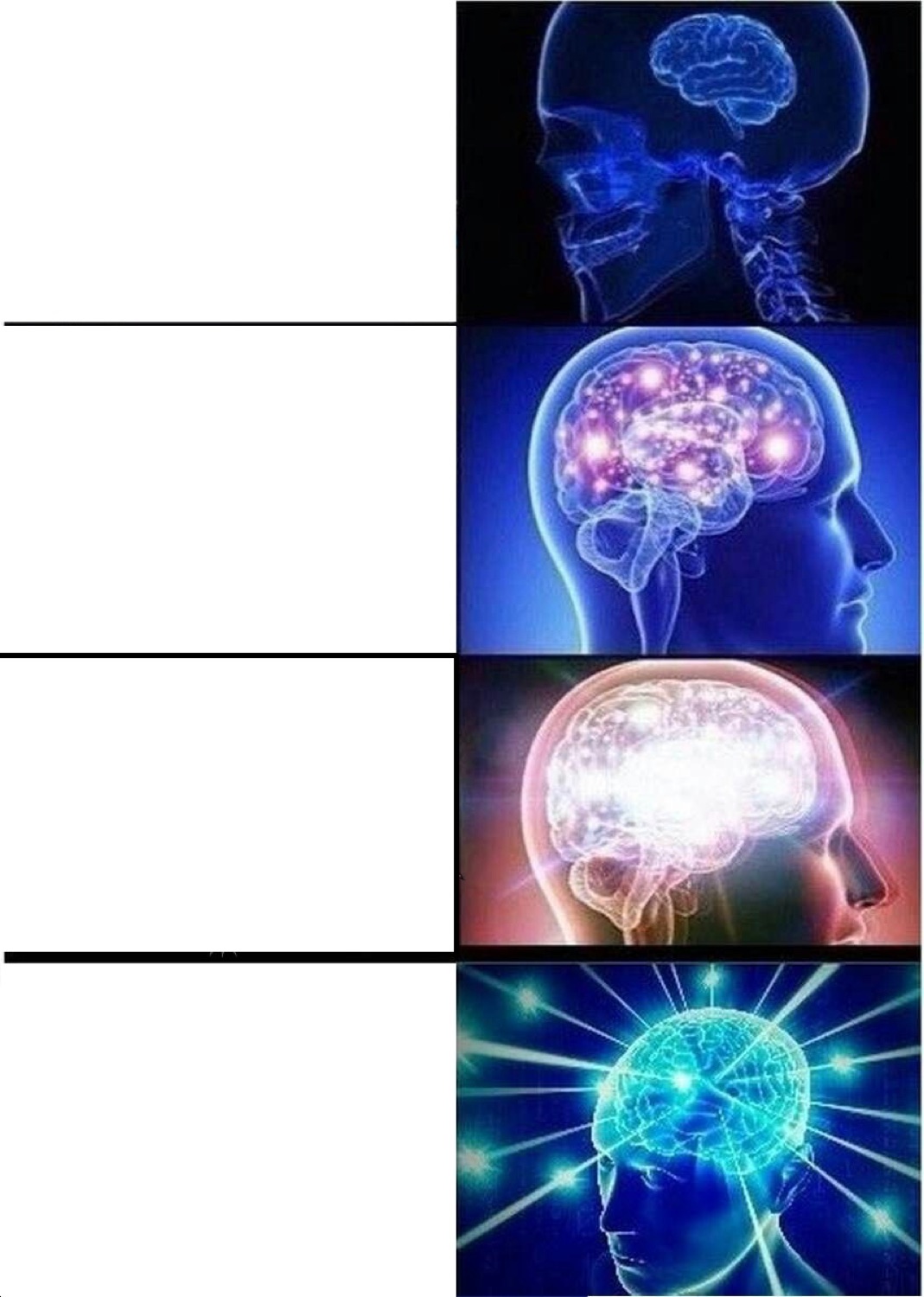 Blank Expanding Brain meme template, four brains glowing brighter down the panels