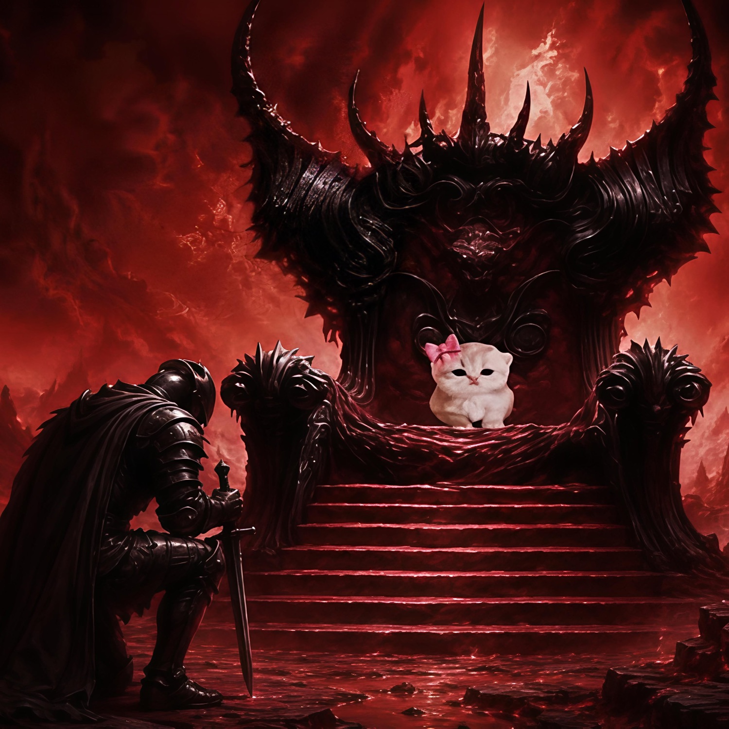 Tiny white kitten with a pink bow on a demonic throne while an armored knight kneels before it