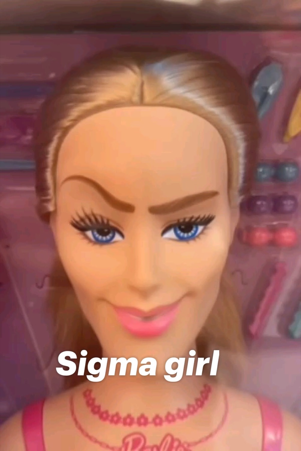 Barbie doll edited with a smug raised-eyebrow look: 'Sigma girl'