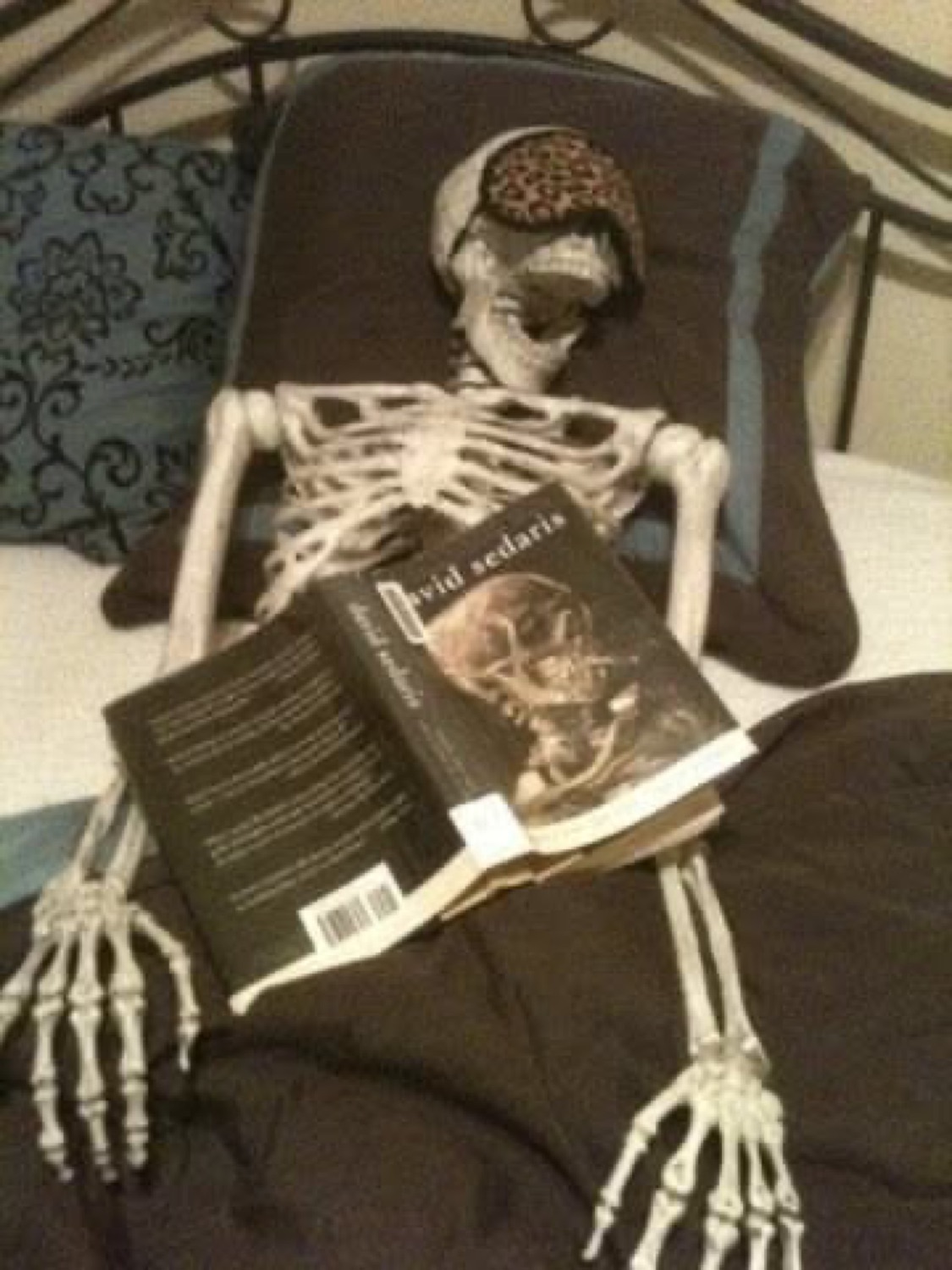 Skeleton lounging in bed with a sleep mask and a book
